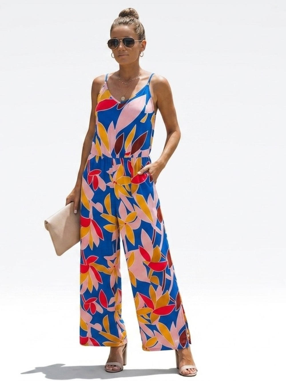 Colorful Leaf Print Wide Leg Jumpsuit Size Small